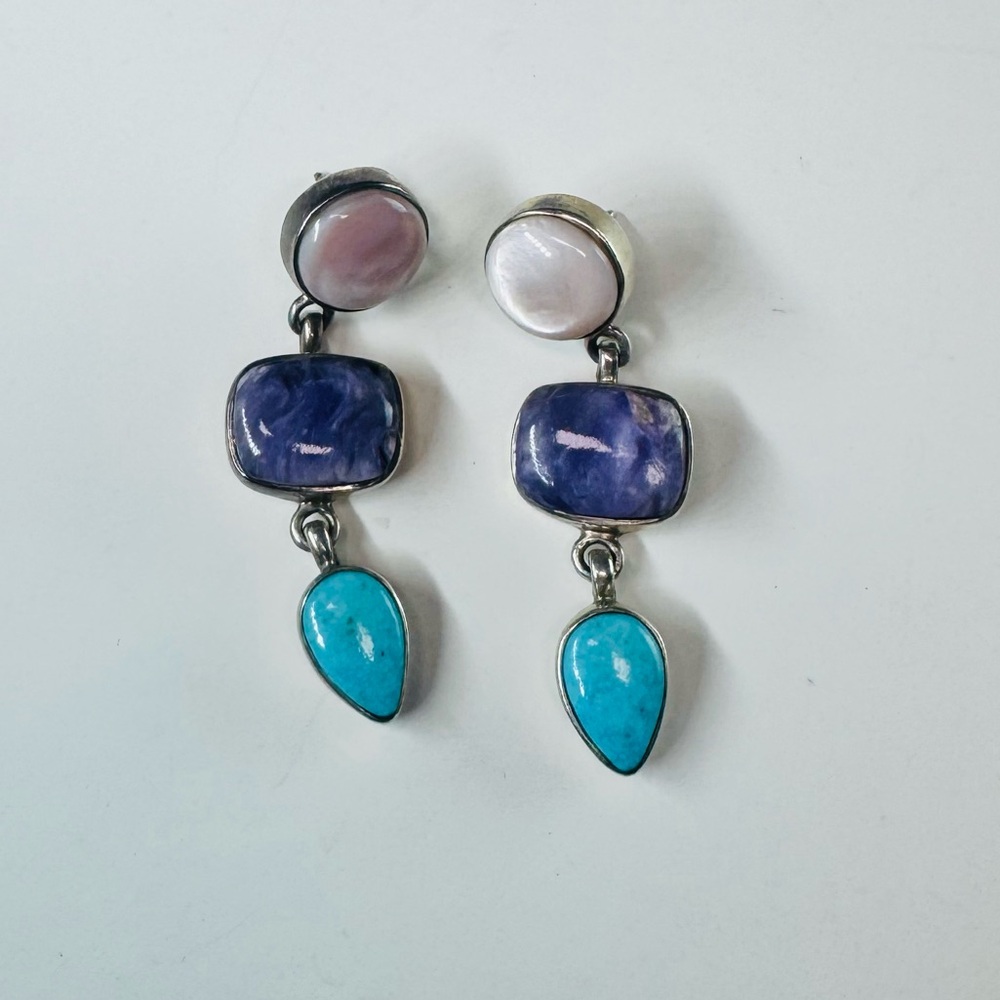 M Sterling Navajo Three Stone Turquoise Amethyst Earrings